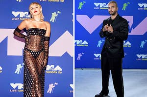 Miley Cyrus and Maluma pose on MTV VMA carpet