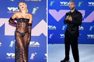 Miley Cyrus and Maluma pose on MTV VMA carpet