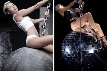 Miley Cyrus in the original "Wrecking Ball" video contrasted with her on stage at the VMAs