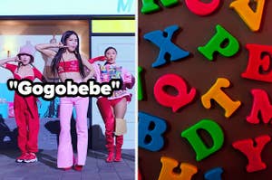 An image of Mamamoo performing Gogobebe next to a collection of letter magnets 