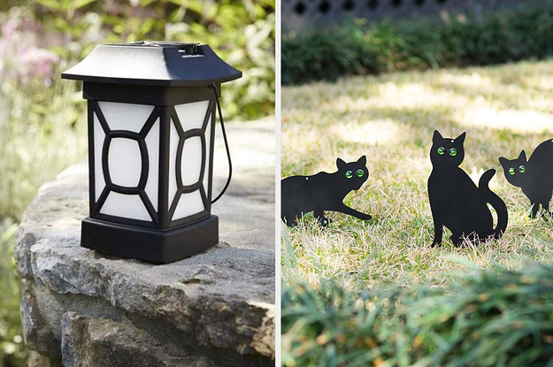 Side by side of mosquito lantern and scare cats on lawn