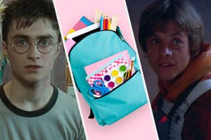 Images of both Harry Potter and Luke Skywalker next to an image of a backpack full of school supplies