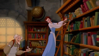 Belle sliding across a packed bookshelf on a rolling ladder