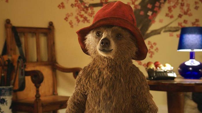 Paddington wearing his red hat and smiling