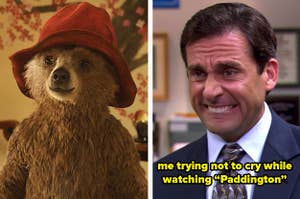 Side by side of Paddington and Michael Scott from "The Office" trying not to cry