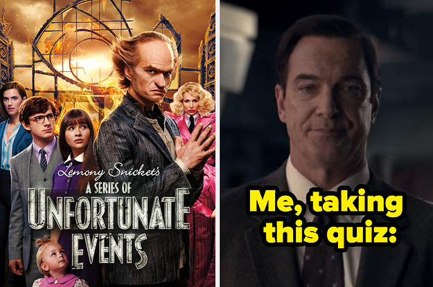 A Series of Unfortunate Events poster and a photo of Lemony Snickett as played by Patrick Warburton