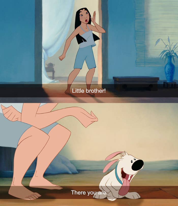 Stills from Mulan showing Mulan entering a room and calling Little brother! In the image below she bends down to greet a little white dog and says there you are