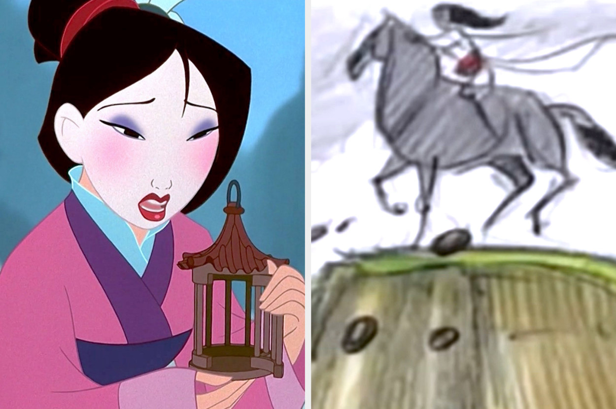 A split image shows animated Mulan looking into a small empty cage whilst dressed in her traditional garb and a rough storyboard still of Mulan riding her horse near the edge of a cliff