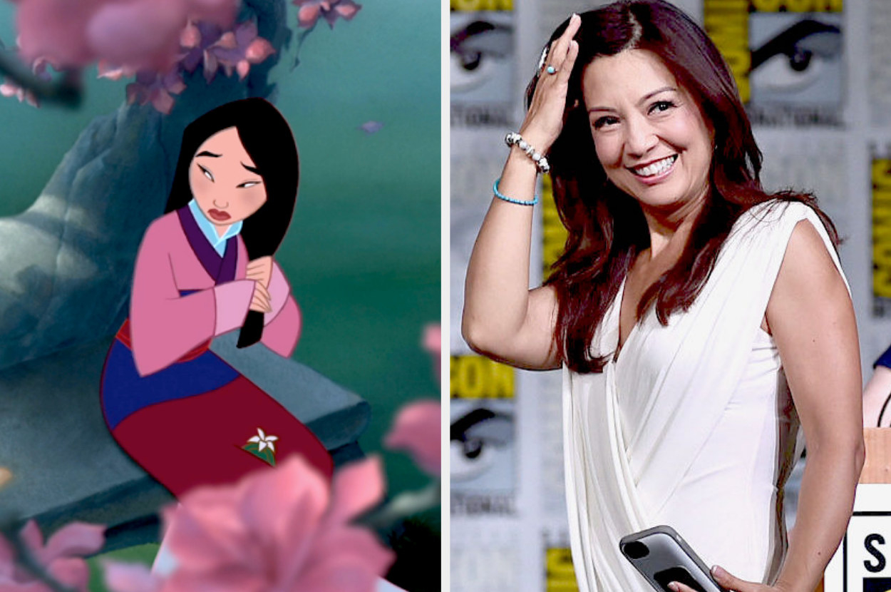A split image showing Mulan grabbing her hair whilst sitting under a blossom tree by herself and an image of Ming-Na Wen at a panel event walking to her seat and touching her hair