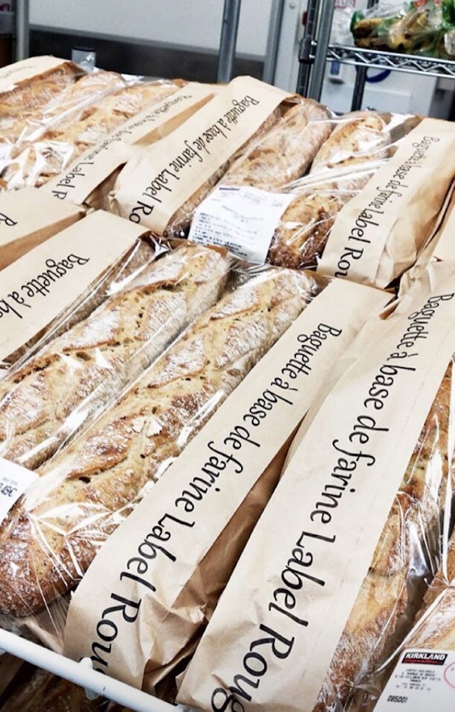 Baguettes lined up in the bakery at Costco France