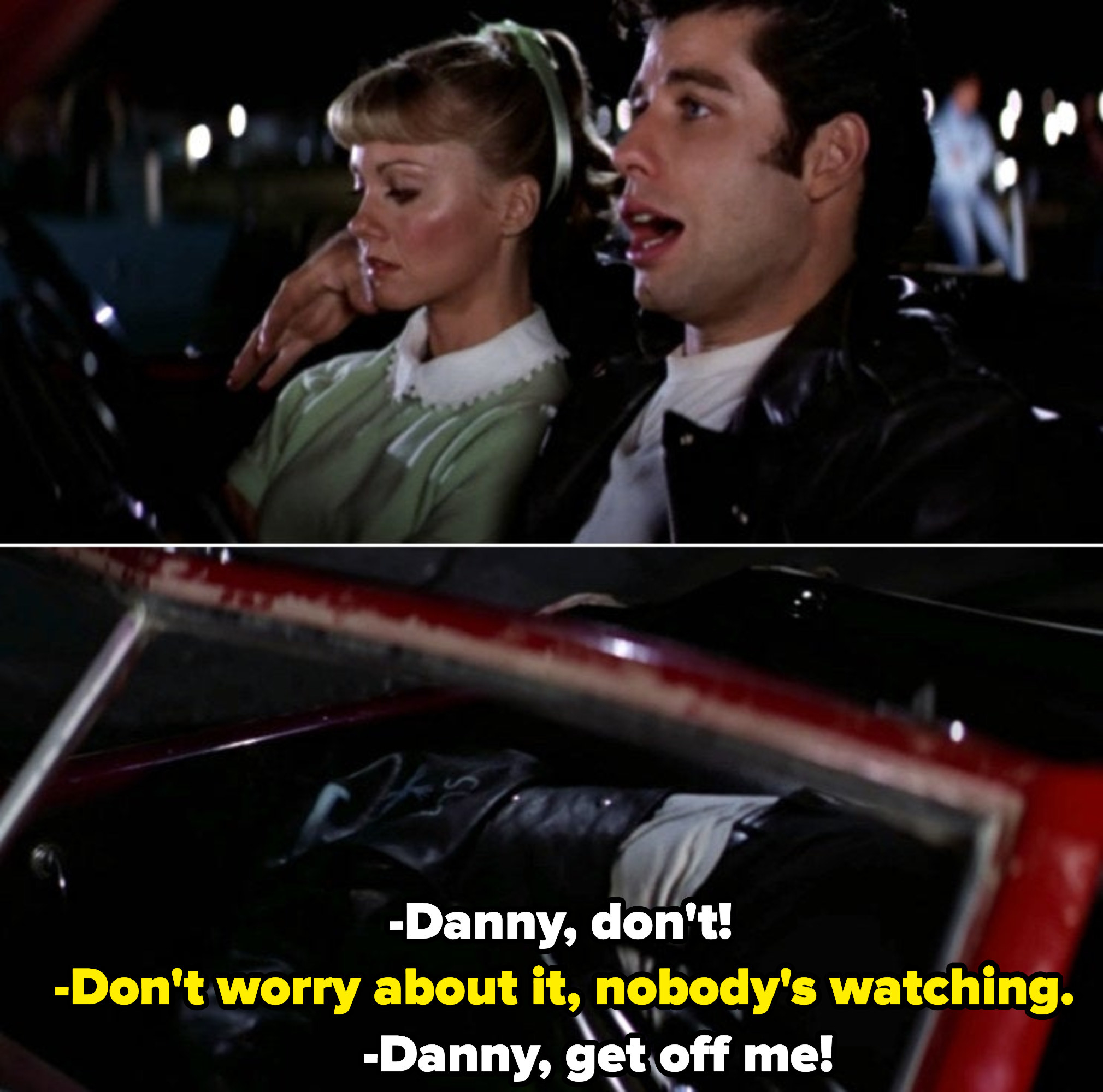 Danny reaching for Sandy&#x27;s breast without her consent at the drive-in; Sandy asking Danny to stop, but he refuses