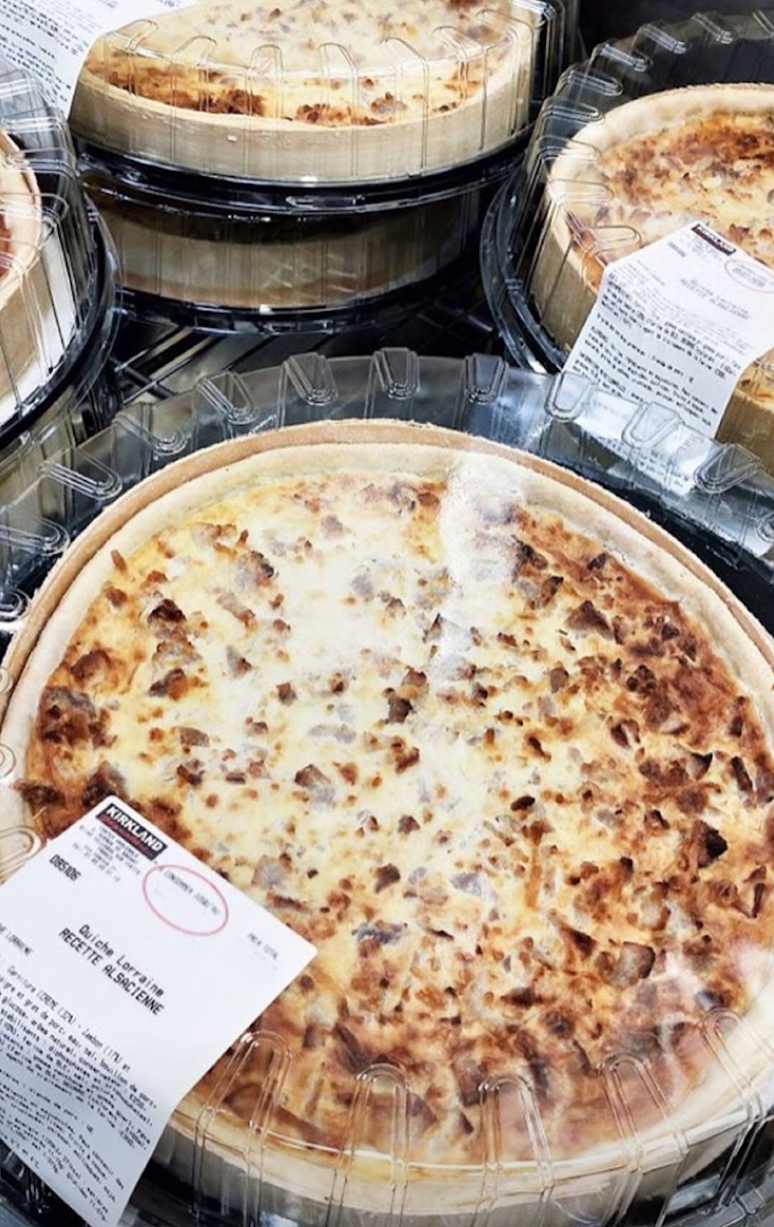 Stacks of quiche lorraines in the bakery at Costco France