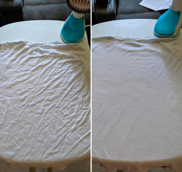 A reviewer before-and-after photo of their wrinkled shirt looking less wrinkly after using the steamer