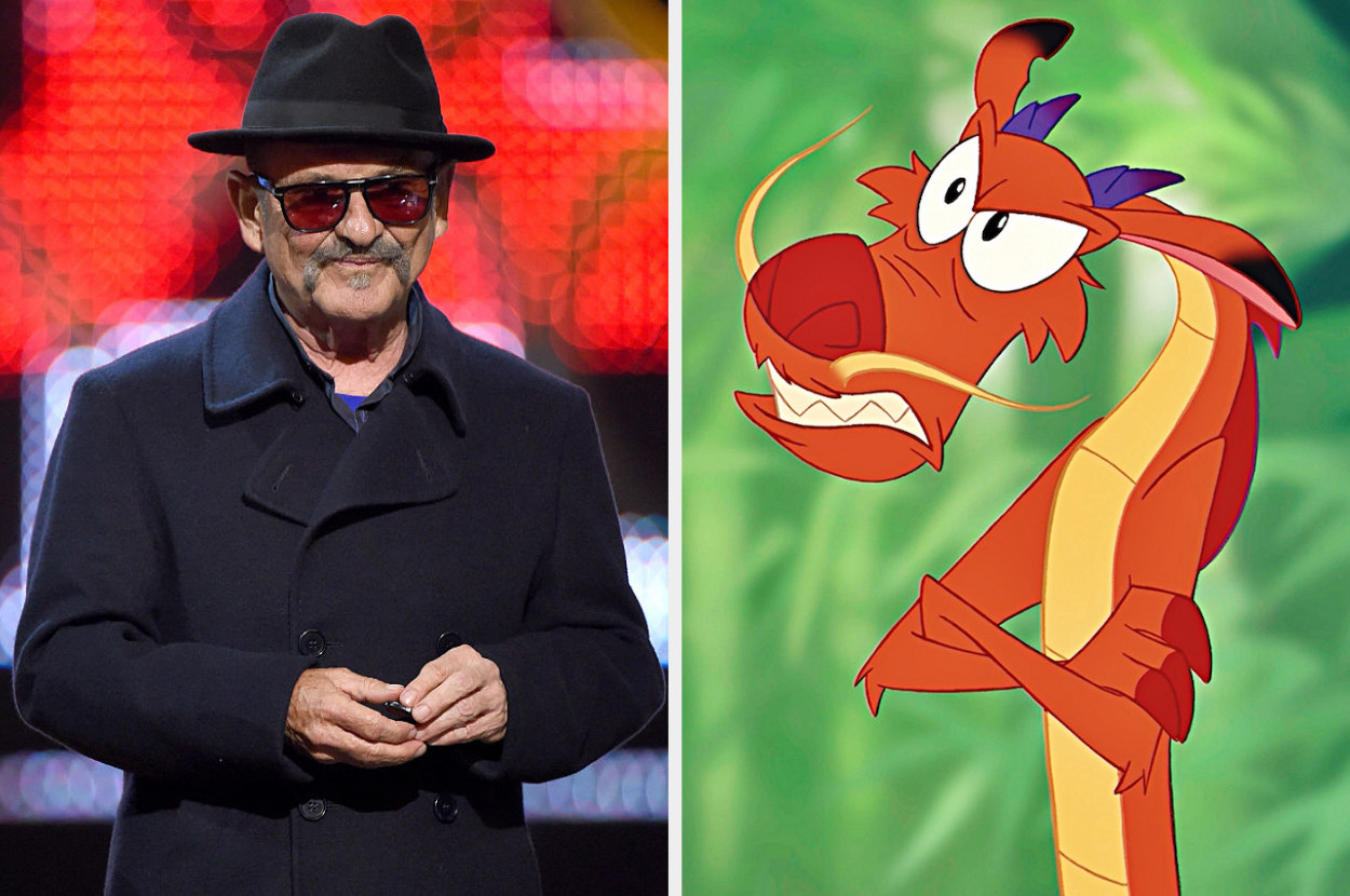 A split image showing Joe Pesci on stage at an event in a black hat and sunglasses, and Mushu from the movie Mulan folding his arms and looking cross in front of a green backdrop