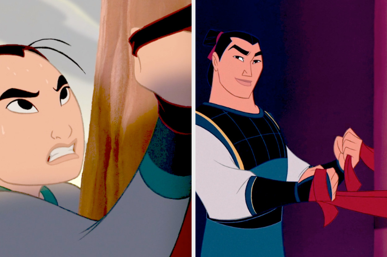 A split image shows Mulan endeavouring to a climb up a poll with two leather straps wrapped around her hands. In the second image, Li Shang wraps his cape around a pillar as if reading to climb it