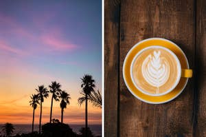On the left, a sunset on a beach surrounded by palm trees, and on the right, a latte