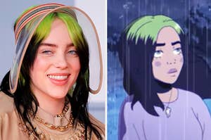 Billie Eilish is smiling while wearing a transparent Burberry cap with an animated Billie Eilish in the rain on the right