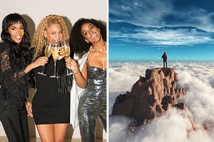 Destiny's Child with champagne and a person up high on a cliff.