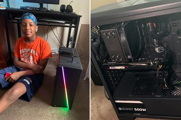 Kid posing with a gaming system he built
