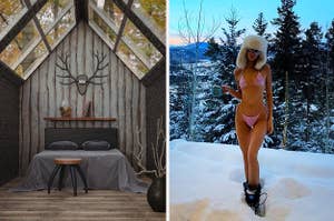A cottage and Kendall Jenner wearing a swimsuit in the snow.