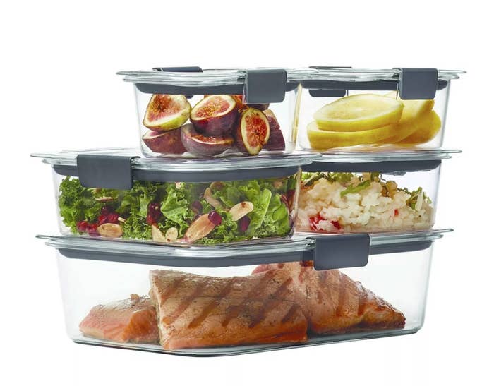The set of five storage containers with food in them 