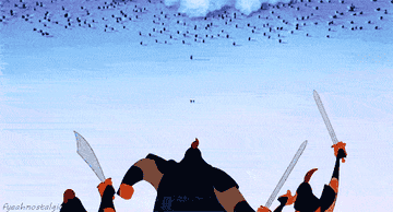 A gif from Mulan showing three soldiers running into battle, then quickly retreating from an advancing avalance speeding down the hill