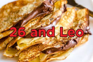 Chocolate crêpes with "26 and Leo" written over it