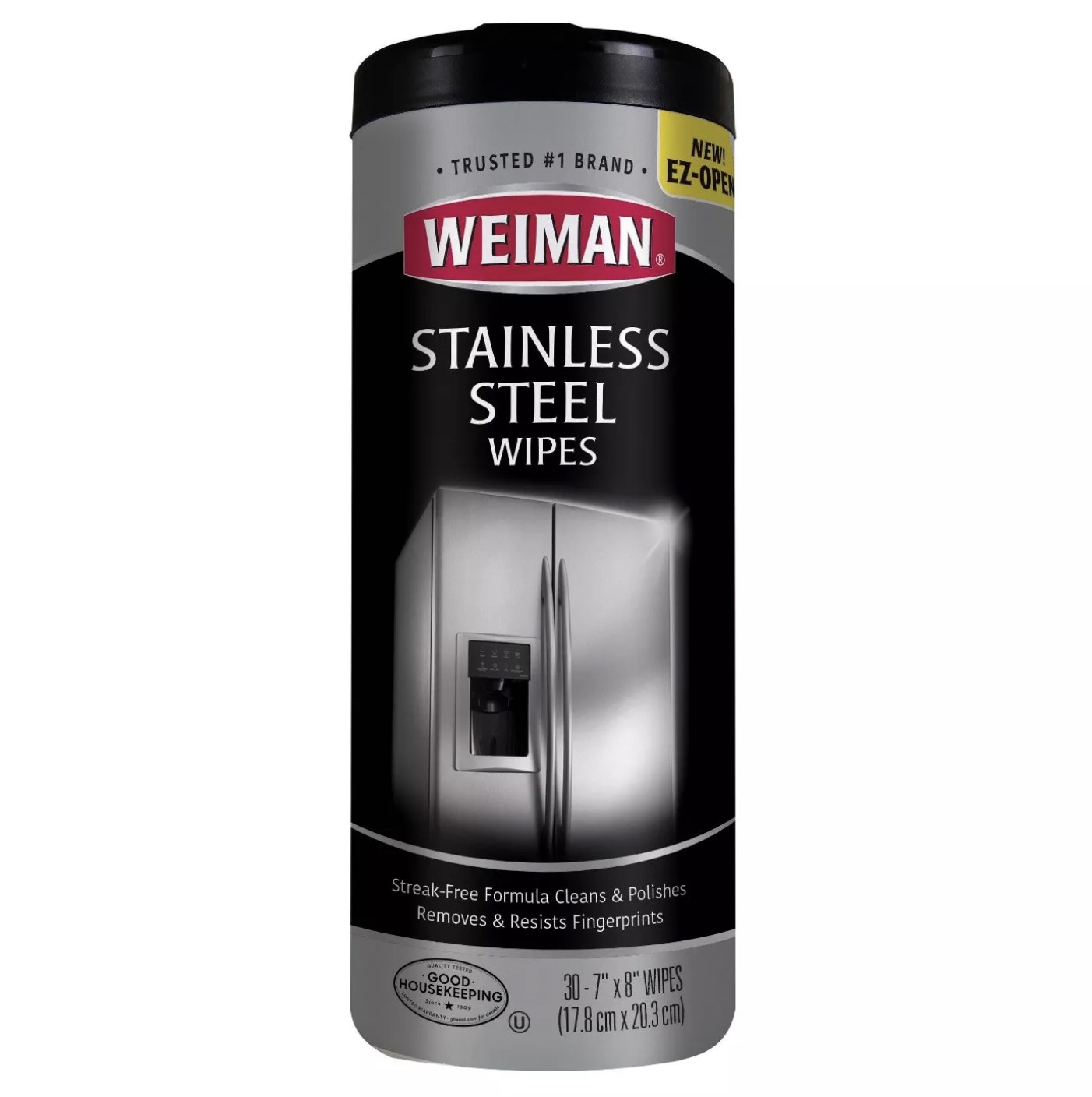 Silver container that says "Weiman Stainless Steel Wipes"