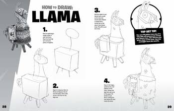 the inside look at one of the pages describing how to draw the fortnite llama