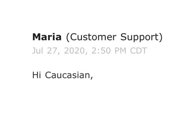 A customer support email addressing someone as