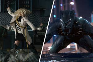 Lorraine Broughton mid-fight in "Atomic Blonde" side-by-side with T'Challa on top of a speeding car in "Black Panther."