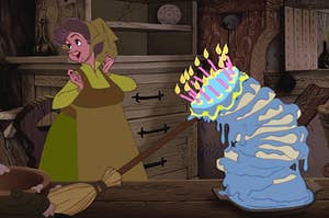 One of the fairies from Sleeping Beauty propping up a cake that's about to fall over with a broom 