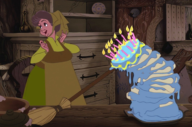 One of the fairies from Sleeping Beauty propping up a cake that's about to fall over with a broom