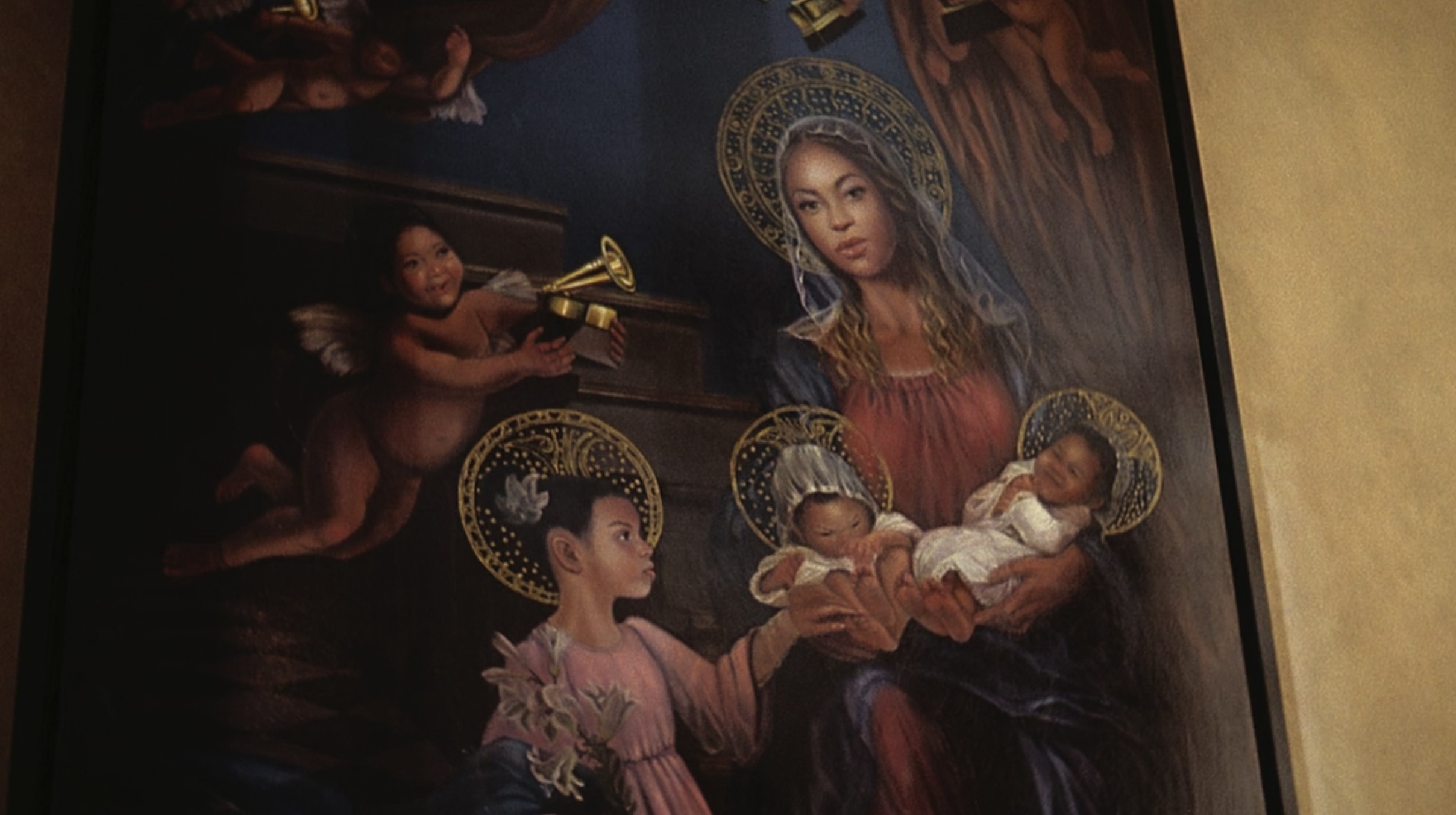 Beyoncé in a painting with her daughter and twins