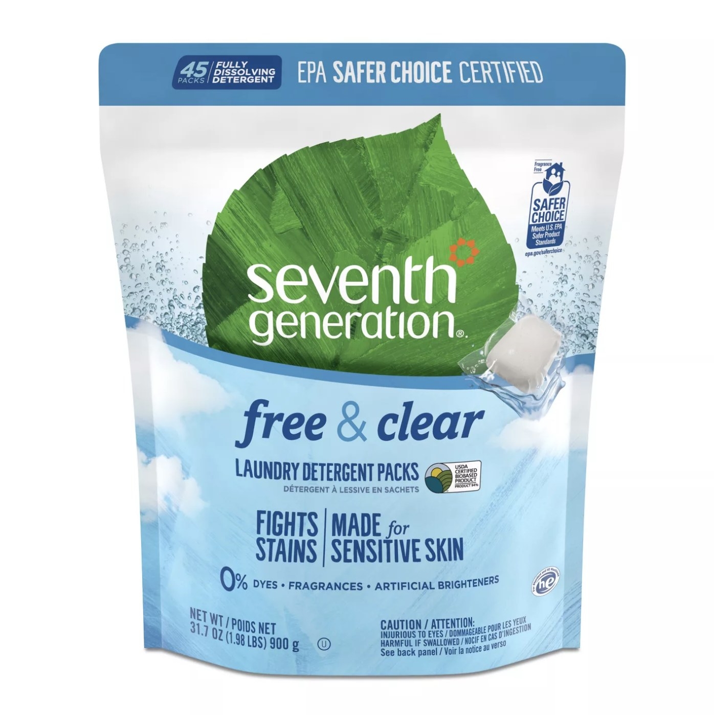Cloud-colored package of 45 Seventh Generation laundry detergent packs