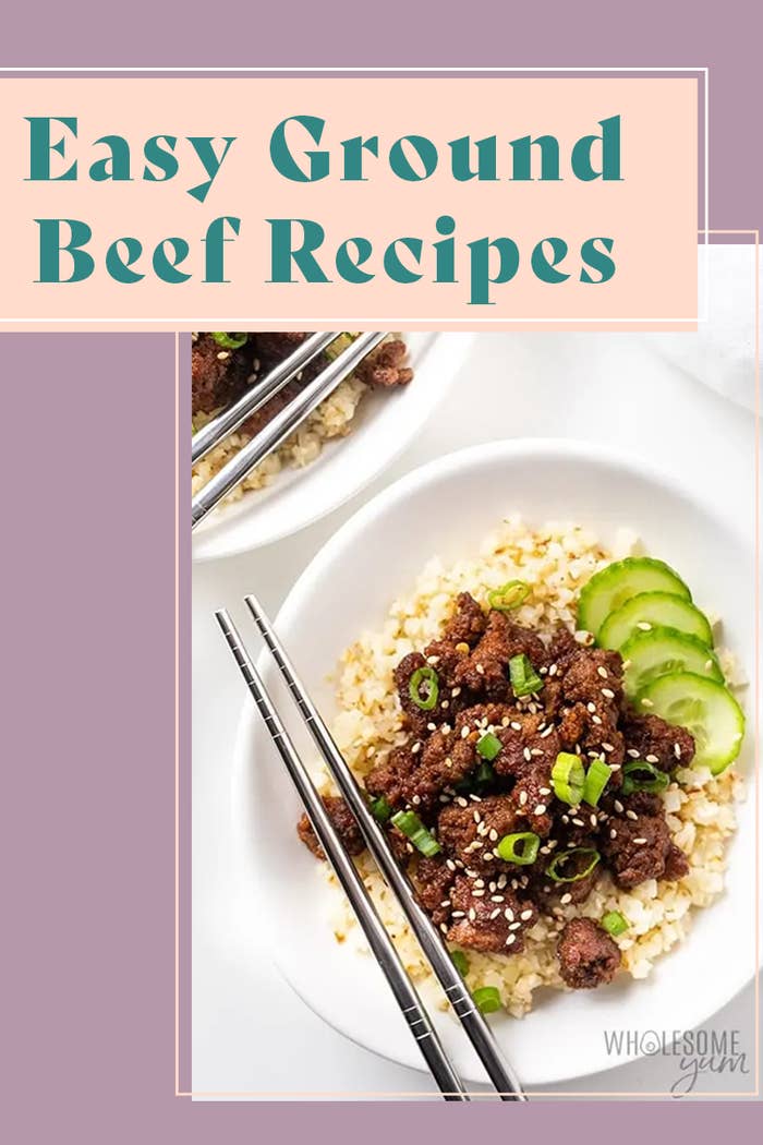 &#x27;Easy Ground Beef Recipes&#x27; Pinterest header, featuring a Korean beef bowl
