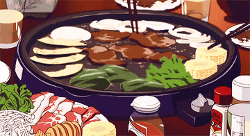Anime gif of food being cooked on an electric skillet