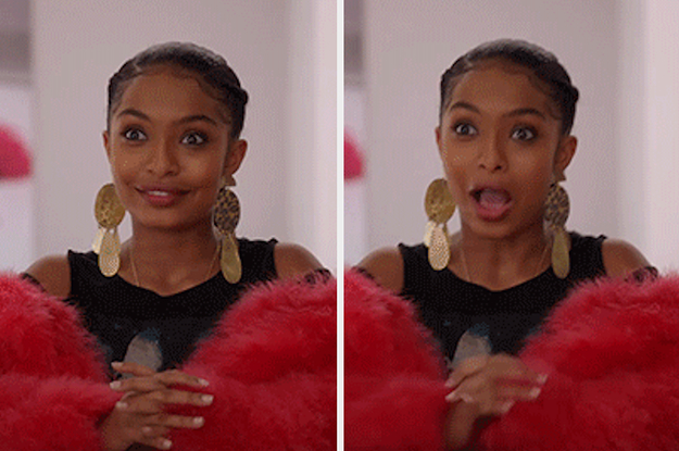 On the left, a woman wearing long earrings and a fuzzy sweater smiles serenely. On the right, the same woman has her mouth open, looking excited