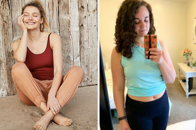 On the left, model wears red Free People bodysuit. On the right, reviewer wears blue tank top with navy leggings