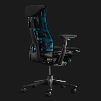 the back of the chair which has a specific curve and blue detailing