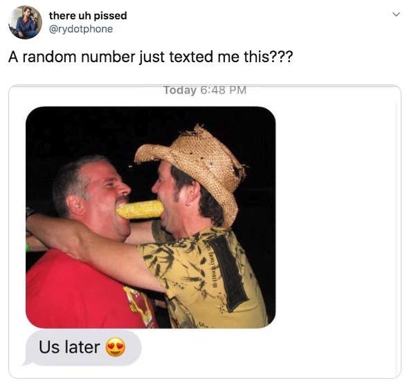 Text of two men sharing a corn on the cob together lovingly