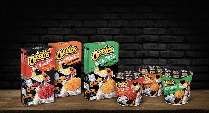 Cheetos promotional ad with all the mac n cheese flavors