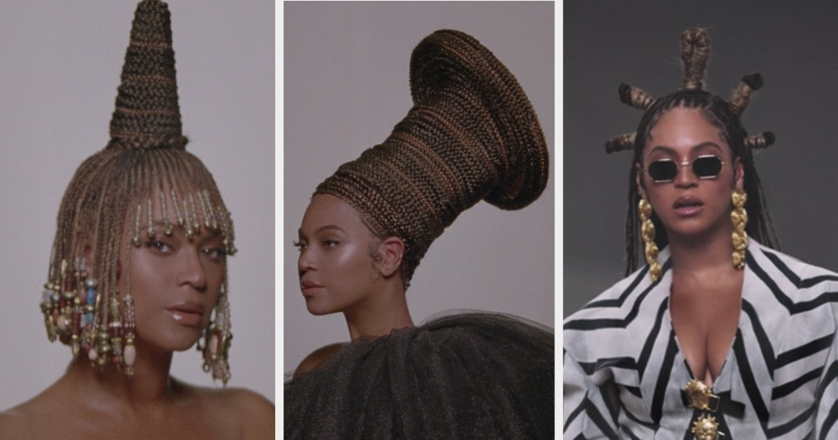 Beyoncé with her hair in braids wrapped around her head in various styles