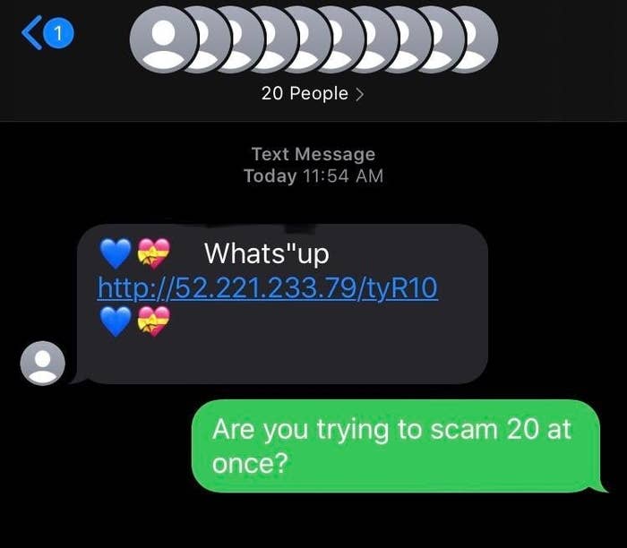 Text of a scammer texting 20 people at the same time