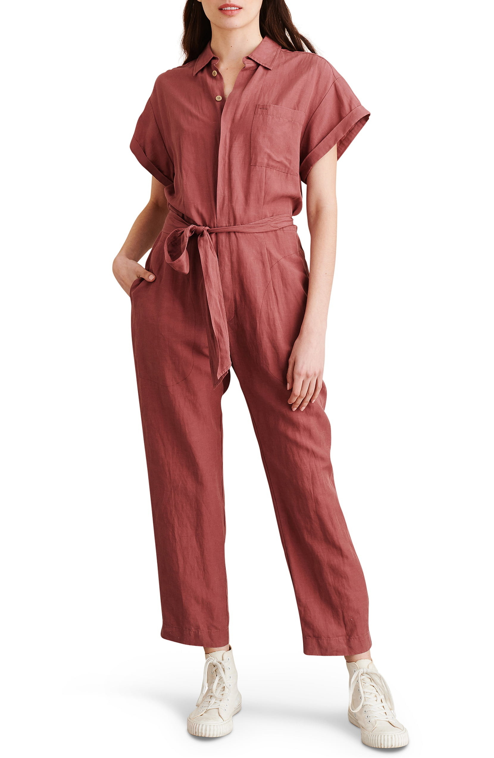 Model wearing Alex Mill tie waist crop jumpsuit in rose brown