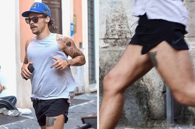 Harry Styles Jogging Around Rome in 80s Gym Shorts And A Moustache