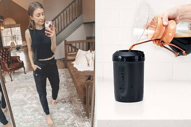 (left) Reviewer wearing black joggers (right) HyperChiller with a carafe of coffee being poured into it