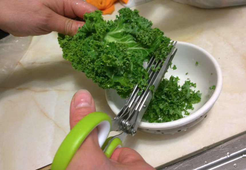 A reviewer cuts kale into a bowl using the herb scissors