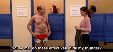 A gif of Tobias Fünke from the show Arrested Development saying, &quot;Excuse me? do these effectively hide my thunder?&quot; while wearing speedos over a bathing suit. 