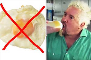 An egg with a big red X through it and guy fieri drinking barbecue sauce 